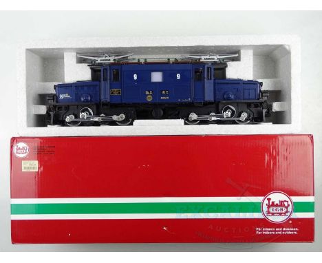 An LGB G scale 27402 Rhaetian Crocodile electric locomotive with digital sound, limited edition in blue livery celebrating 75