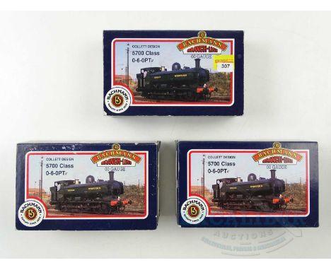 A group of BACHMANN OO gauge class 57xx steam pannier tank locomotives comprising examples in GWR green, and 2x BR black - G/