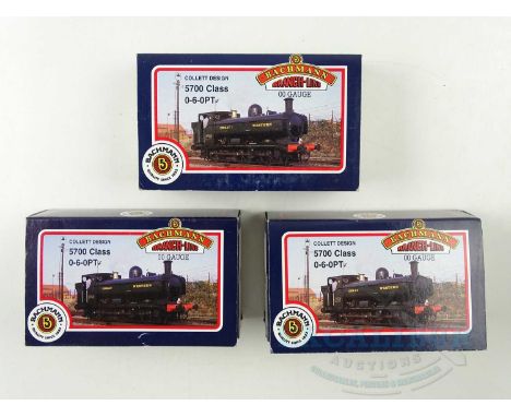 A group of BACHMANN OO gauge class 57xx steam pannier tank locomotives comprising examples in GWR green, and 2x BR black - G/