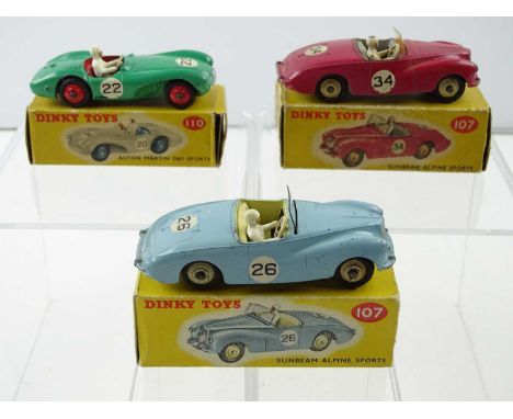 A group of three DINKY racing cars comprising 110 Aston Martin and 2 x 107 Sunbeam Alpine - F/G (one possible replacement win