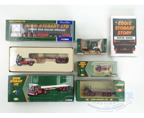 A group of CORGI 1:50 Scale Eddie Stobart rigid and articulated lorries together with a forklift truck and a copy of the book