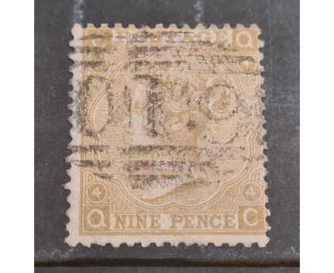 G.B. 1867 9d straw, pl 4, light cancel SG111. Cat £300