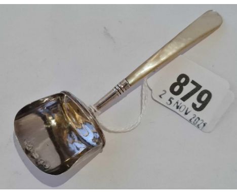 A Georgian scoop shaped caddy spoon with MOP handle - Birmingham 1814 by Cocks &amp; Betteridge
