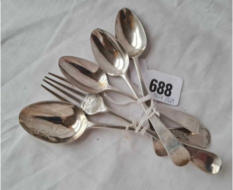 A childs Victorian spoon and fork - London 1878 and three Georgian 1791