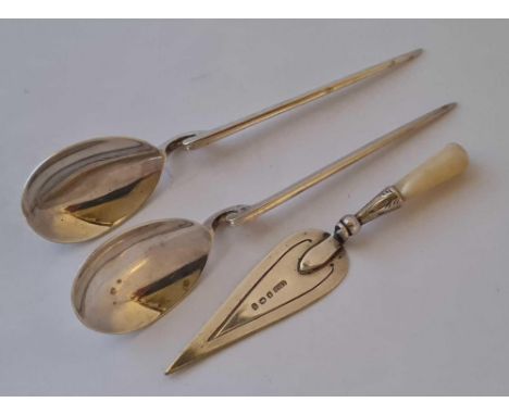 A trowel shaped bookmark - Birmingham 1907 - and two Roman style spoons