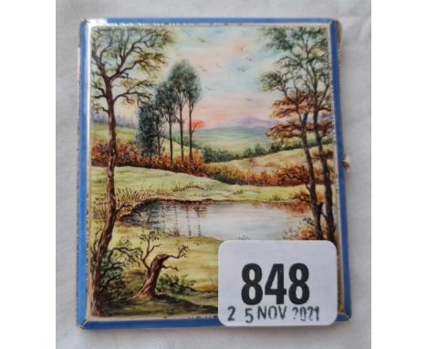 An enamel decorated cigarette case with a landscape and pond - 3.5" high - Import marks for 1928