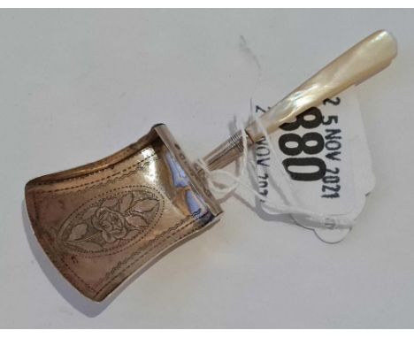 Another Georgian caddy spoon with shovel shaped bowl, engraved. MOP handle - Birmingham 1812 by WP