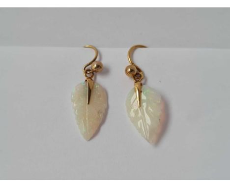 A Edwardian gold and carved pair of opal leaf earrings 