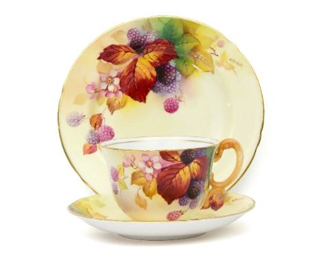 A Royal Worcester trio decorated blackberries by Kitty Blake, puce marks, 1935/see illustration   Condition Report:  One or t