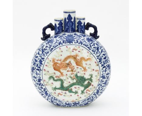 A Chinese porcelain moon flask, the sides enamelled with scenes of dragons chasing flaming pearls to a border of foliate scro
