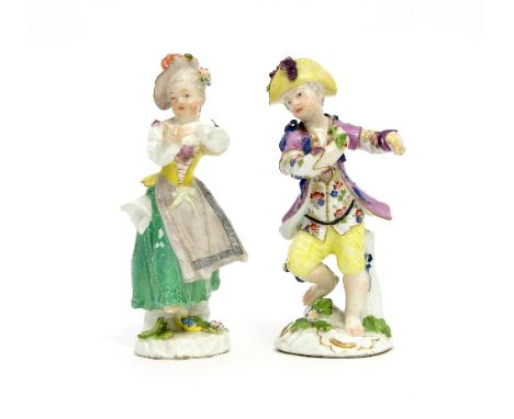 Two Meissen figures, circa 1760, 12cm high/see illustration   Condition Report:  Male figure - restorations to hat brim, loss