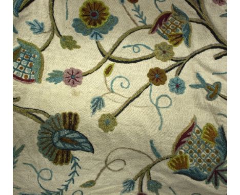 Three crewel work curtains and a pelmet
