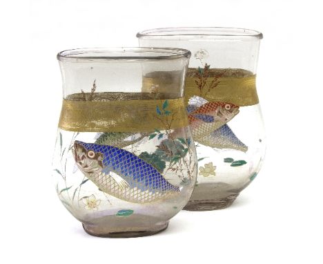 A pair of Continental enamelled glass vases, circa 1880, perhaps Moser, of flattened form, enamelled with fish below a gilt b