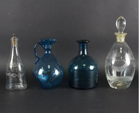 A 19th Century decanter with silver stopper, etched 'R. WINE', 22.5cm high, another clear glass decanter etched an ibex, a tu