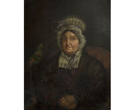 19th Century English School/ Portrait of a Woman/wearing a lace bonnet, a parrot perched on her shoulder/oil on canvas, 50cm 