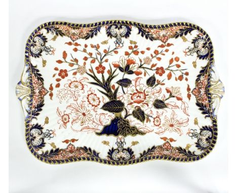 A Derby Crown tray decorated in Imari colours with shell handles, 46cm wide   Condition Report:  Good condition, no damage or