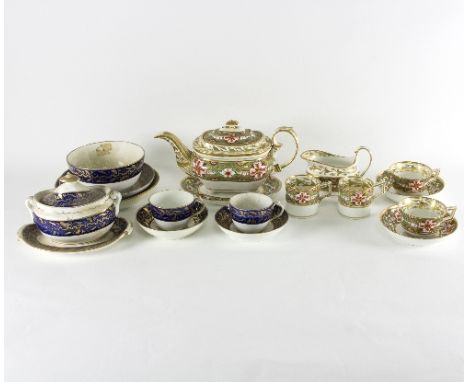 A Derby part tea set, circa 1815, comprising teapot and stand, milk jug, two tea cups, two coffee cans and two saucers and an