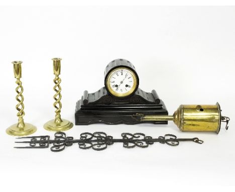 A hand forged toasting fork, a brass game spit, a pair of brass candlesticks and a 19th Century slate mantel clock