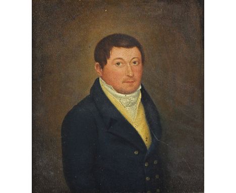 Attributed to Belinda Sharples/Portrait of a Gentleman/half-length in a blue coat and/Portrait of his Wife/seated in a blue d