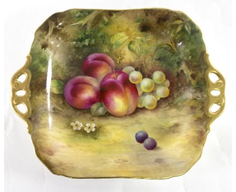 A Royal Worcester fruit painted plate, signed Moseley, with pierced gilt handles, 28cm wide   Condition Report:  No chips, cr