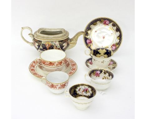 A Derby teapot (lacking cover), a pearlware cup and saucer with pink lustre rim depicting a stag and horse and sundry early 1
