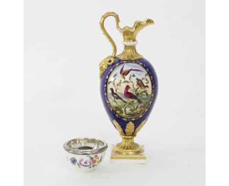 A Derby Kedleston ewer, painted an oval reserve of birds to a cobalt blue ground with gilt highlights (repaired), 27cm high a