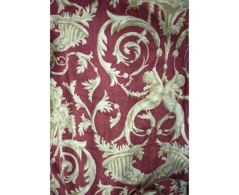 Three pairs of red and cream curtains, lined and interlined, each 120cm gathered width x 208cm long, with three matching pelm