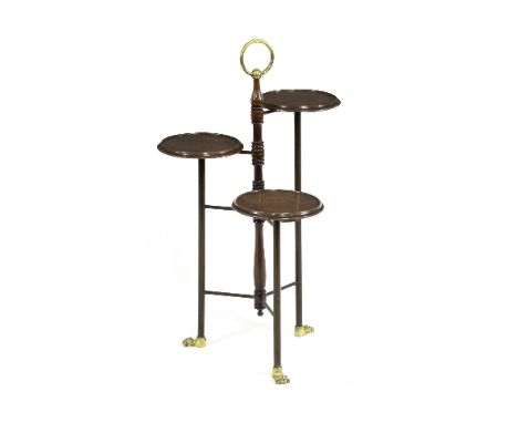 A 19th Century three-tier cake stand, with bobbin turned central column, brass carrying handle and hair claw feet, 84cm high