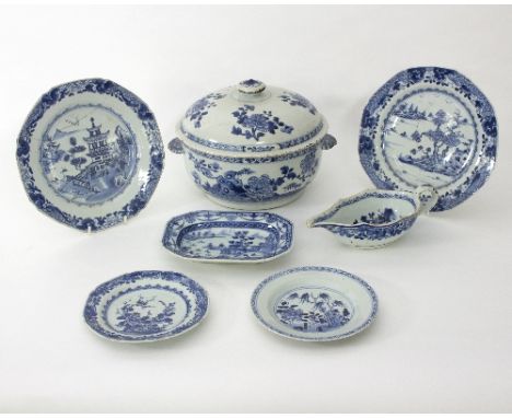 A Chinese blue and white tureen and cover, circa 1780, decorated chrysanthemums, 28cm wide, a sauce boat and various plates  