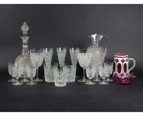 A cut glass part table service of nineteen pieces, a ruby glass dish and a Bohemian glass mug