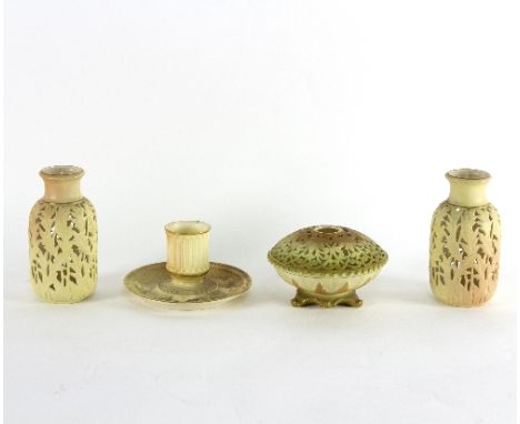 A pair of Locke & Co. Worcester pierced vases, 10cm high, a Royal Worcester pot pourri and a squab candlestick