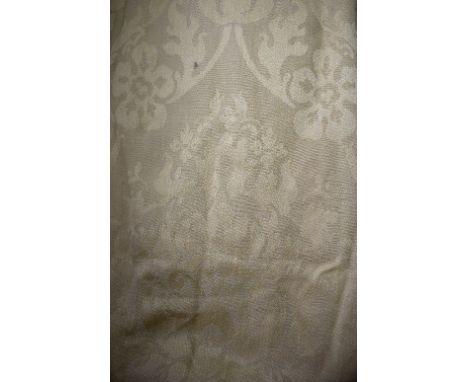 A pair of yellow embossed woven curtains, lined and interlined, each 84cm gathered width x 200cm length, with tassel rope tie