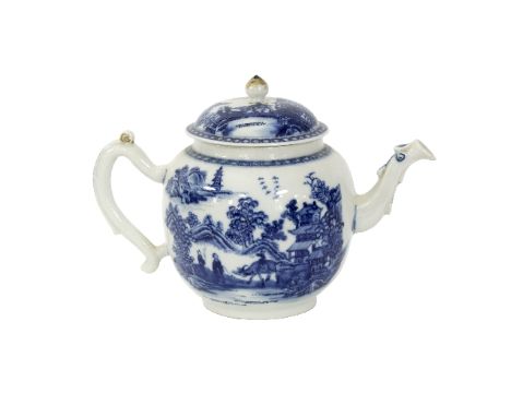 A Chinese blue and white teapot, circa 1800, decorated a figure being led on a bull through a landscape, 15cm high/see illust