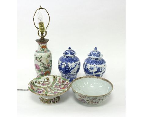 A late 18th Century Chinese bowl, decorated figures in enamels, (repaired), 24cm diameter, a Cantonese tazza, two blue and wh