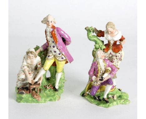 Two Derby figure groups of shoe blacks, Nos 78 and 81, circa 1800   Condition Report:  Gentleman black (78) - losses to top o