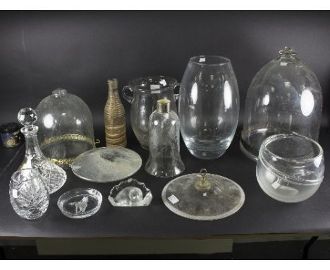 A quantity of glassware including light shades, vases and a paperweight decorated a seal, signed