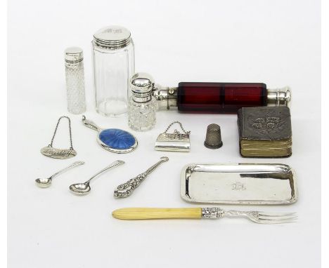 A ruby glass double-ended scent bottle, three silver mounted trinket jars and sundry small items of silver