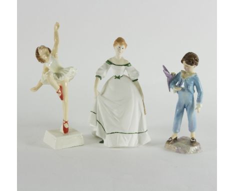 Three Royal Worcester figures, 'Coming of Age', 'The Parakeet', 'The Red Shoes', the latter two modelled by F G Doughty, the 