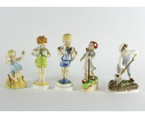 Five Royal Worcester days of the week figures, 'Monday', 'Wednesday', 'Thursday', 'Saturday' and 'Sunday', the tallest 18.5cm