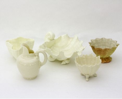 Four Royal Worcester shell bowls and a white glaze jug