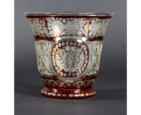 A Bohemian ruby stained cut glass vase decorated with flowers, 12cm high and a bowl and glass engraved stags, late 19th Centu