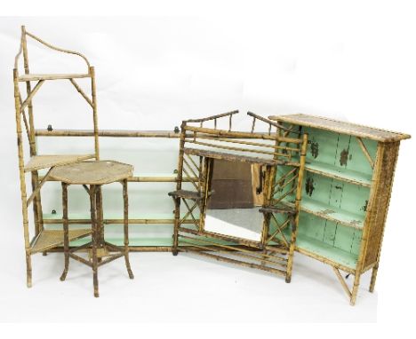 A bamboo three-tier corner shelf, a bamboo and wicker shelf, a bamboo overmantel and other bamboo furniture