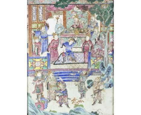 A Chinese porcelain panel, 19th Century, depicting a courtly scene with kneeling figure holding a censer aloft, framed, 38.5c