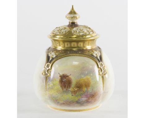 A Royal Worcester pot pourri vase and cover, painted Highland Cattle by Harry Stinton with gilt decoration, signed and number