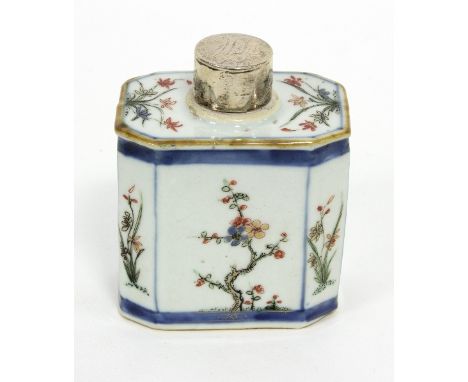 A Chinese famille verte tea caddy, Kangxi, decorated flowering branches and with white metal cap, 10cm high   Condition Repor