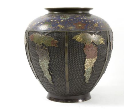 A bronze cloisonné vase of globular form with tapering base, decorated with enamelled fruiting vines to a caned style ground,