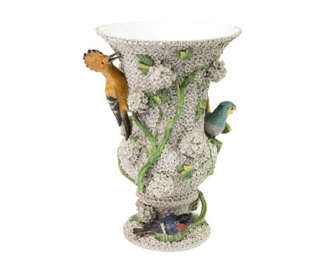 A Meissen Schneeballen vase, 20th Century, encrusted all over May blossom with trailing flowering branches and three birds pe