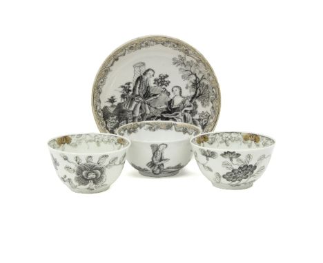 A Chinese tea bowl and saucer, circa 1760, decorated en grisaille, with the fishing lady pattern and two tea bowls decorated 
