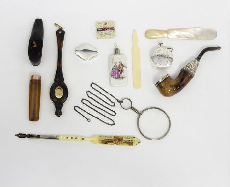 A pair of tortoiseshell mounted lorgnettes, a shoe snuff box and a quantity of small sundries