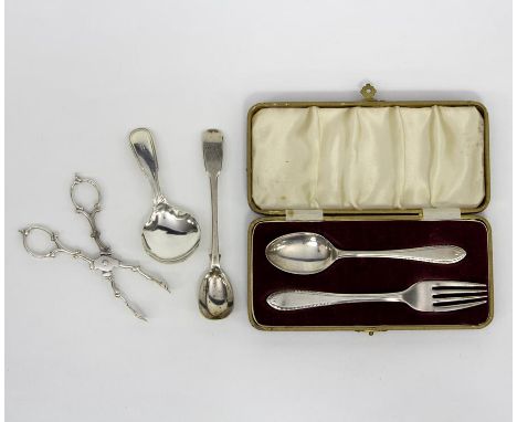 A silver Christening spoon and fork, EV, Sheffield 1931, a fiddle and thread pattern caddy spoon, a pair of sugar nips and a 